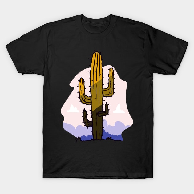 Cute Cactus in Desert Illustration Artwork T-Shirt by LazyMice